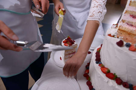 Bride and groom cut their wedding cake