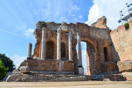 Wall of ancient Greek Roman theater in Taorminaの写真素材