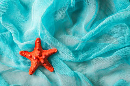 Dried red sea starfish on cian cloth backgroundの写真素材