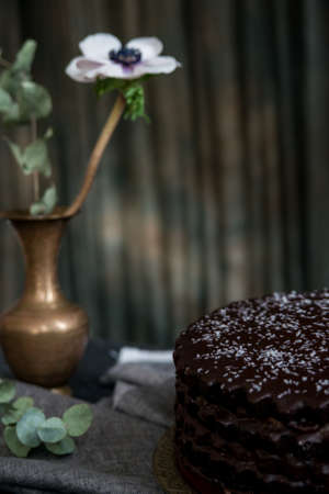 Dark vintage stillife with chocolate cake and vase