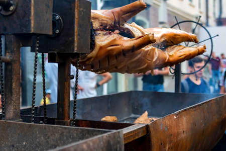 Grilled smoked whole pig on a skewerの写真素材