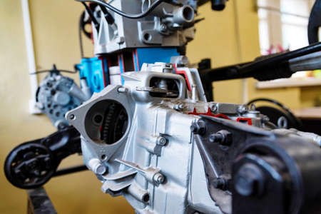 Close up view of internal combustion engine in driving schoolの写真素材