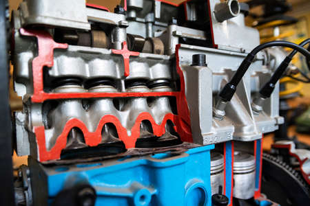 Close up view of internal combustion engine in driving school