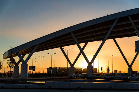 Exterior view of Platov international airport in Rostov-on-Don, Russia at sunsetの写真素材
