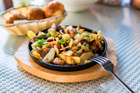 Roasted potato in frying pan with meat and green leekの写真素材