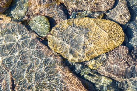 Close up of clear water of mountain river with underwater stones
