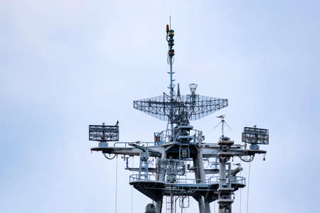 Communication mast of modern yacht with set of antennasの写真素材