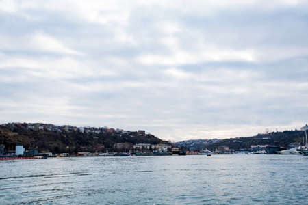 View of Sevastopol city in Crimea from bay in winterの写真素材