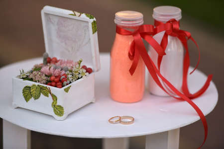 Wedding decoration accessories and rings close upの写真素材