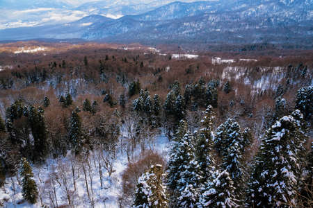Beautiful distant winter mountains landscape with mistの写真素材