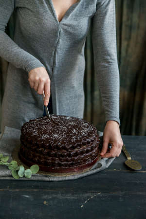 Woman cuts chocolate cake close. Dark tonesの写真素材