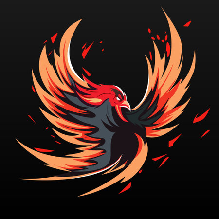 phoenix Rooster head with fire flames on black background. Vector illustration.のイラスト素材