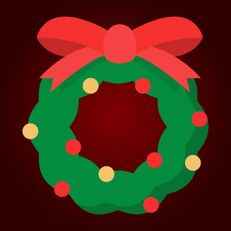 Christmas wreath with red ribbon on red background. Vector illustration.のイラスト素材
