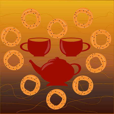 Traditional tea party with teapot and two cups and sweet crispsのイラスト素材