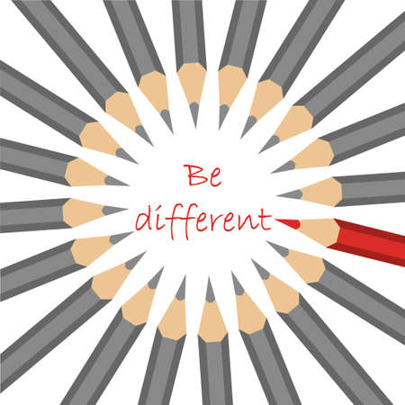 A group of standard grey pencils and one red forming a circle with motto - be different- in the centerのイラスト素材