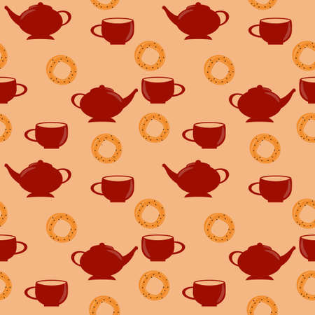 Seamless pattern with red teapot and cup and sweet pretzel with poppy seedsのイラスト素材