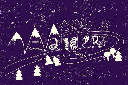 handdrawn wander with doodle elements - mountain and treesのイラスト素材