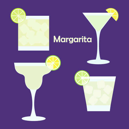 Margarita alcohol cocktail in different glasses - illustration for bar menu, restaurant decoration, party posterのイラスト素材