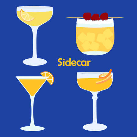 Sidecar alcohol cocktail in different glasses - illustration for bar menu, restaurant decoration, party posterのイラスト素材