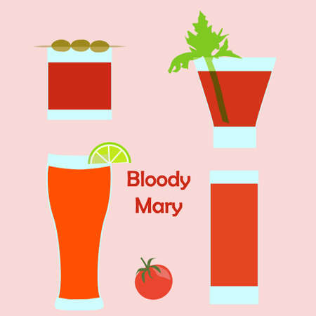 Bloody Mary alcohol cocktail in different glasses - vector illustration for bar menu, restaurant decoration, party posterのイラスト素材