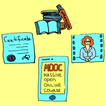 Mooc massive open online course vector illustration with hand drawn elements about e-learning,...
