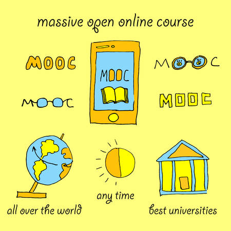 Mooc massive open online course vector illustration with hand drawn elements about advantages of e-learning, online education, training via internet all over the worl  any time and from best universitiesのイラスト素材