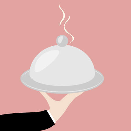 Waiter hand holding a tray platter with cloche lid - vector illustration on service concept, restaurant food serving . Flat styleのイラスト素材