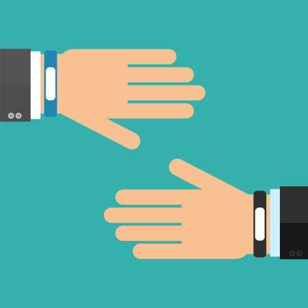Two hands in business suits with smart wristband bracelet. Vector illustration of wearable  technology device, modern fitness gadgetのイラスト素材