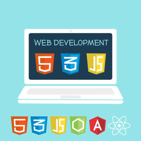 Web development on laptop screen. Vector illustration of software icons for site building, web...
