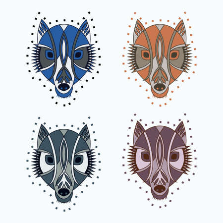 Set of ornate tribal wolf head. Vector illustration of mascot character for tattoo print with primitive tribal decoration, wolf maskのイラスト素材