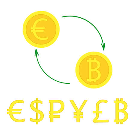 Currency exchange with arrows. illustration of gold coin signs swap for banking, e-commerce, international trade, forex. Most popular money in flat style - euro, pound, dollar, bitcoin, pound, ruble.のイラスト素材
