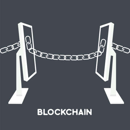 Blockchain technology concept.Computers connected by chain from screen. illustration of distributed database for web security, cryptography, virtual money, secure e-business.のイラスト素材