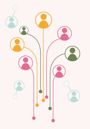Avatars in circles connected with dot by line. illustration of growth tree for communication, business relations, social media, technology, global village, community connections. Flat designのイラスト素材