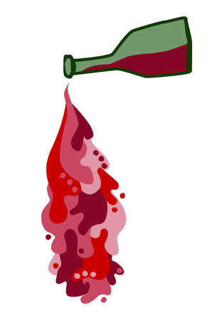 Bottle with spilled wine. Flowing red liquid elements. For bewerage menu, alcohol drink ad, winery decoration.のイラスト素材