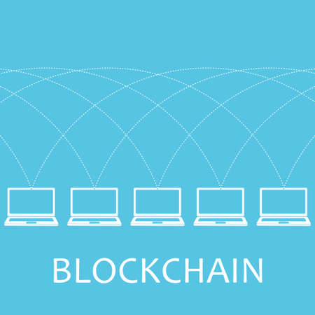 Blockchain technology concept.Laptops connected by net. illustration of distributed database for web security, cryptography, virtual money, secure e-business, internet.のイラスト素材