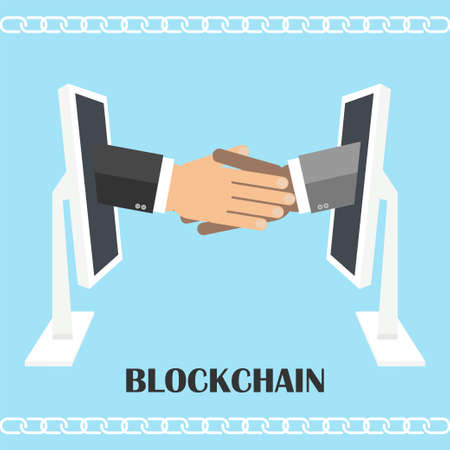 Handshake from computer screen. illustration of blockchain technology, secure e- business, digital finance operations, e-commerce.のイラスト素材