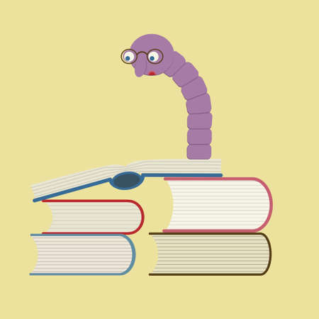 Bookworm reading books concept. illustration for library, study, literature loving. Funny caricatureのイラスト素材