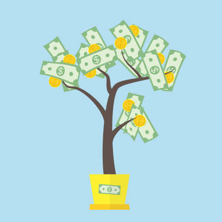 Money tree concept with green dollars as leafs and golden coins as fruit.のイラスト素材