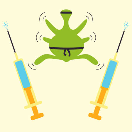 Antibiotics resistance  ninja concept. Superbug wearing black belt pushing away two syringes with liquid drug. Vector illustration for bacteria evolution, traditional therapy is not effectiveのイラスト素材