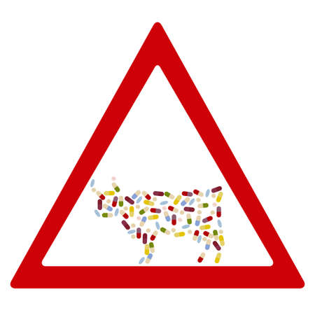 Cow by  drug pills in traffic forbidden sign concept. Vector illustration for antibiotic resistance, modern pharmacology in cattle breeding, excessive medication of domestic animalsのイラスト素材