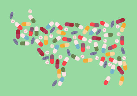 Cow by  drug pills concept. Vector illustration for antibiotic resistance, modern pharmacology in cattle breeding, excessive medication of domestic animalsのイラスト素材