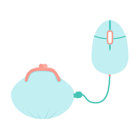 Digital electronic wallet concept. Vector illustration of computer mouse connected to an old-fashioned purse with usb cable. Modern banking technology, online bills payment, shopping, e-commerce in flay styleのイラスト素材