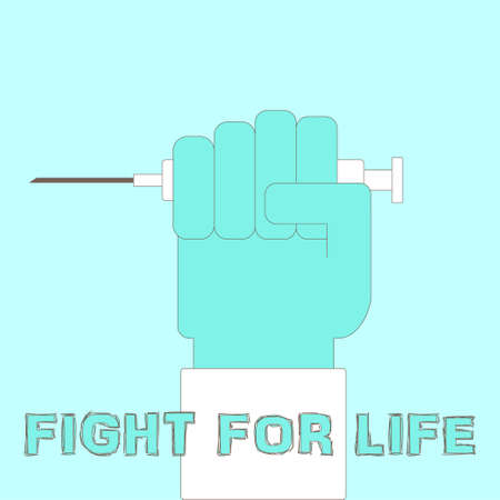 Fight for life concept with doctors's hand in a uniform glove holding syringe. Vector illustration for healthcare, medical research, medical specialist job, cancer solidarity, awareness.のイラスト素材