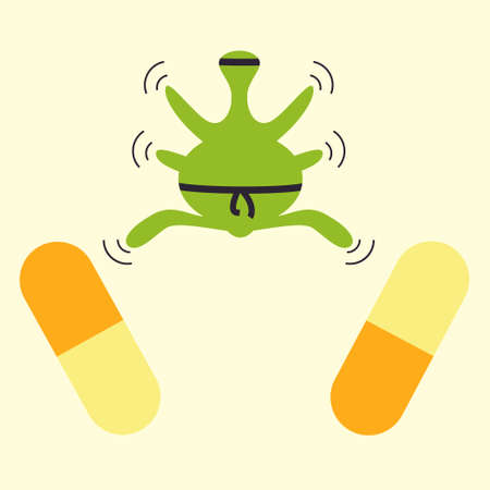 Antibiotics resistance  ninja concept. Superbug wearing black belt pushing away two drug pills. Vector illustration for bacteria evolution, traditional therapy is not effectiveのイラスト素材