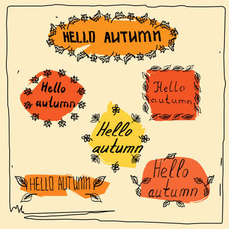Hello autumn seasonal greeting badge template. Vector illustration of hand drawn leaves sketching on red and yellow square background with lettering for post cards, banners, flyersのイラスト素材