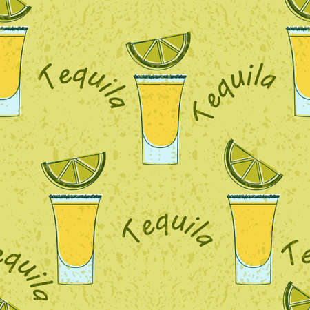 Tequila shot seamless pattern. Vector illustration of alcohol beverage in traditional glass with salt and lime slice. Decoration for bar menu, national day, cocktail party invitation card, fabric, textile, backdrop.のイラスト素材