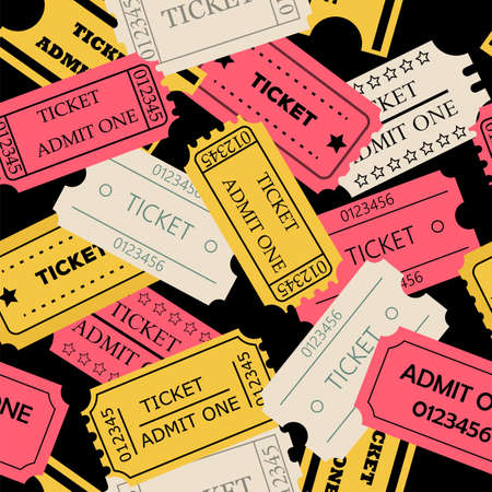 Ticket admit one seamless pattern. Vector illustration of theatre, cinema, concert old style pass coupon of pink, yellow, pale paper colors on dark backgroundのイラスト素材