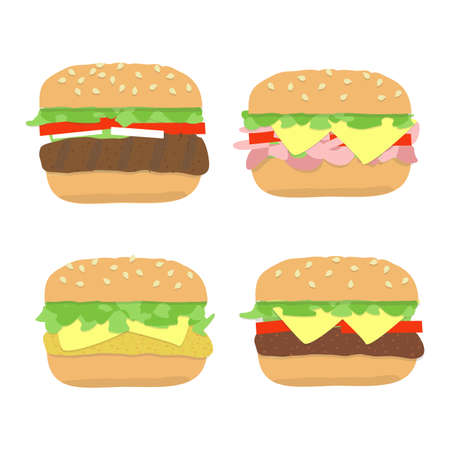 Burger set with most popular types of cheeseburger, hamburger, chicken steak with bread roll, lettuce, tomato, cheeseのイラスト素材