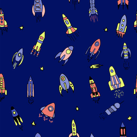 Seamless pattern with hand drawn rockets. Vector illustration for outer space ship, spacecraft, satellite, comet in cartoon style in bright color for childrenのイラスト素材