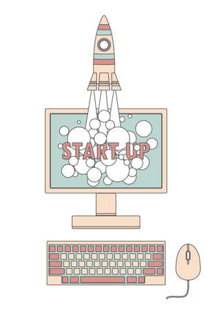Start up concept with a rocket launching from computer screen. Vector illustration for new business, web product, innovationのイラスト素材